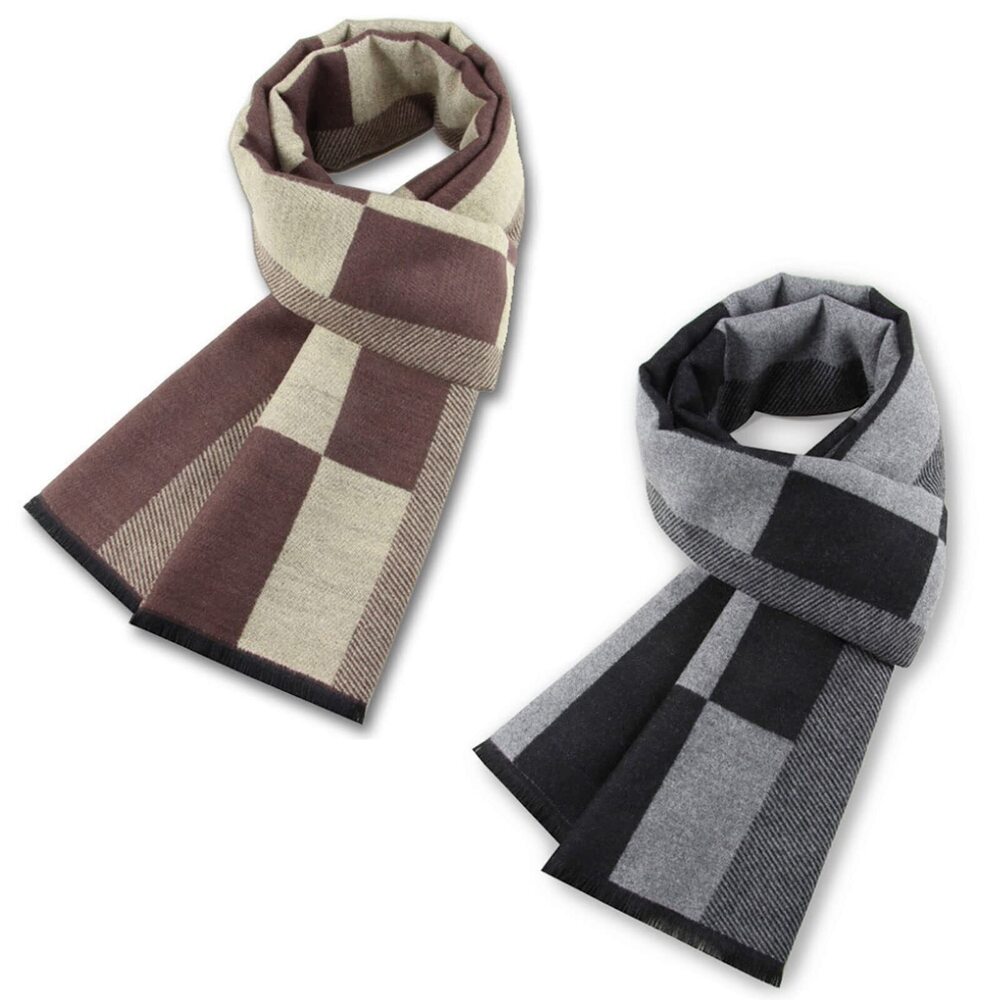 3807 2 Packs Cashmere Feel Scarf for Winter, Lattice Grid Plaid Stripe